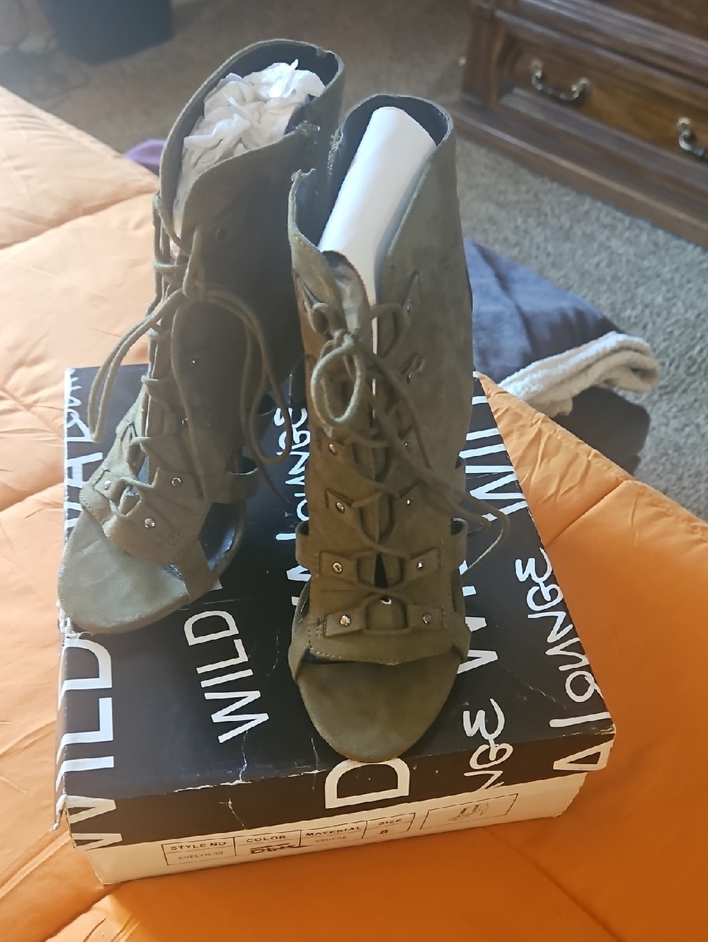 Wild Diva Olive Green Lace-Up Peep Toe Ankle Booties